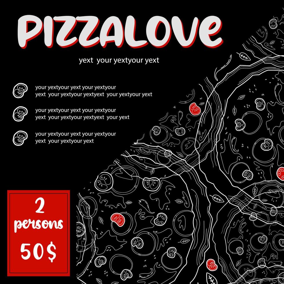 bannière publicitaire pour pizza. carte des pizzas. réduction sur les prospectus de la pizzeria. design moderne et tendance sombre pour les médias sociaux et l'impression vecteur