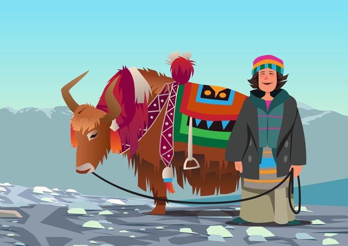 Femme tibétaine et son yak vecteur