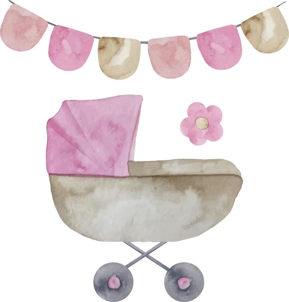 illustration de poussette rose aquarelle bébé fille. c'est un ensemble de filles vecteur