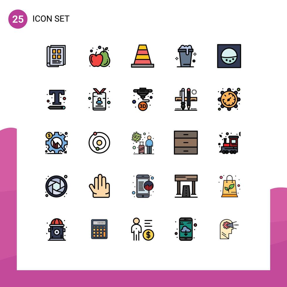 groupe de 25 signes et symboles de couleurs plates en ligne remplie pour les éléments de conception vectoriels modifiables de soupe de nettoyage de cône de machine de police vecteur
