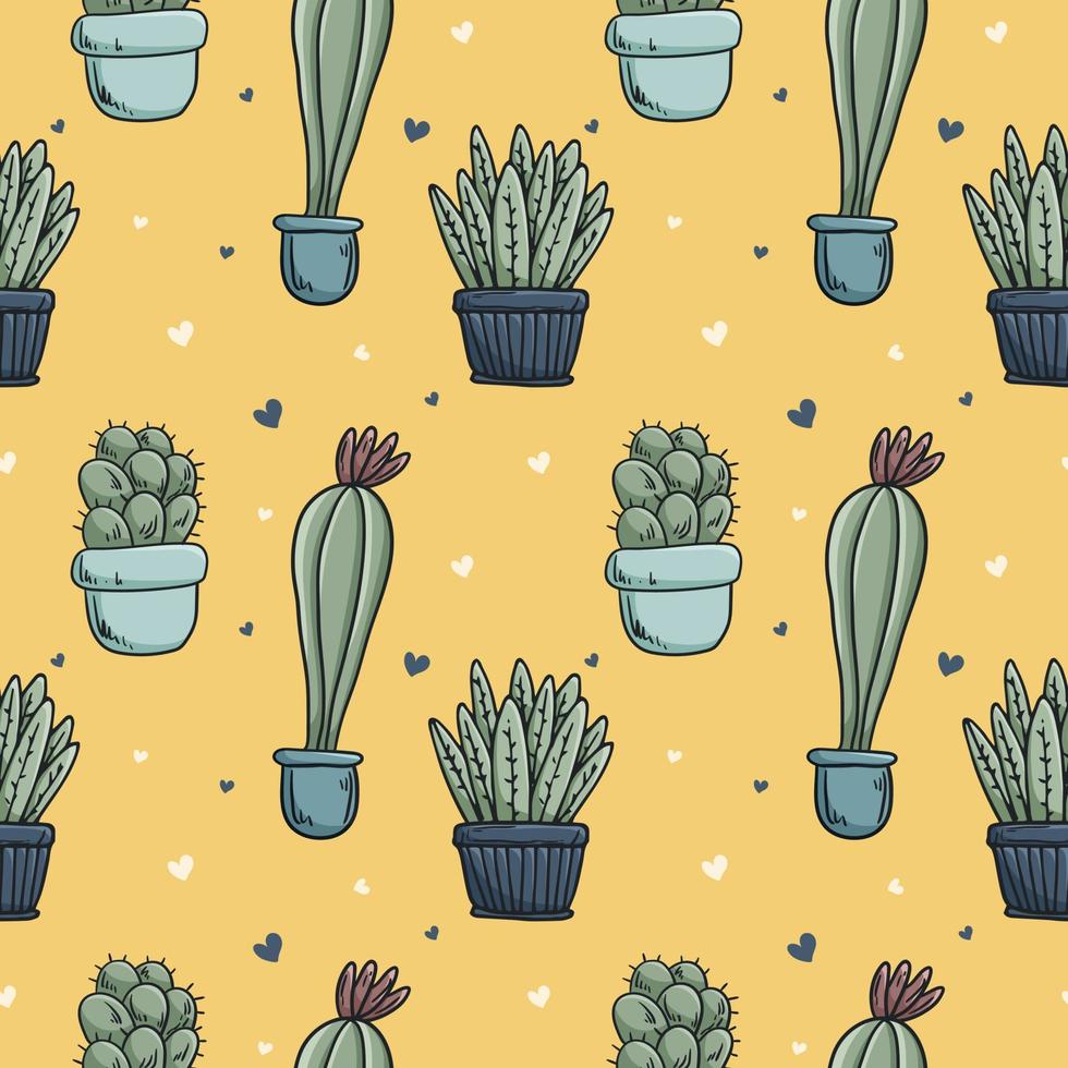 modèle sans couture de vecteur avec des illustrations de griffonnage de cactus de maison dans des pots.