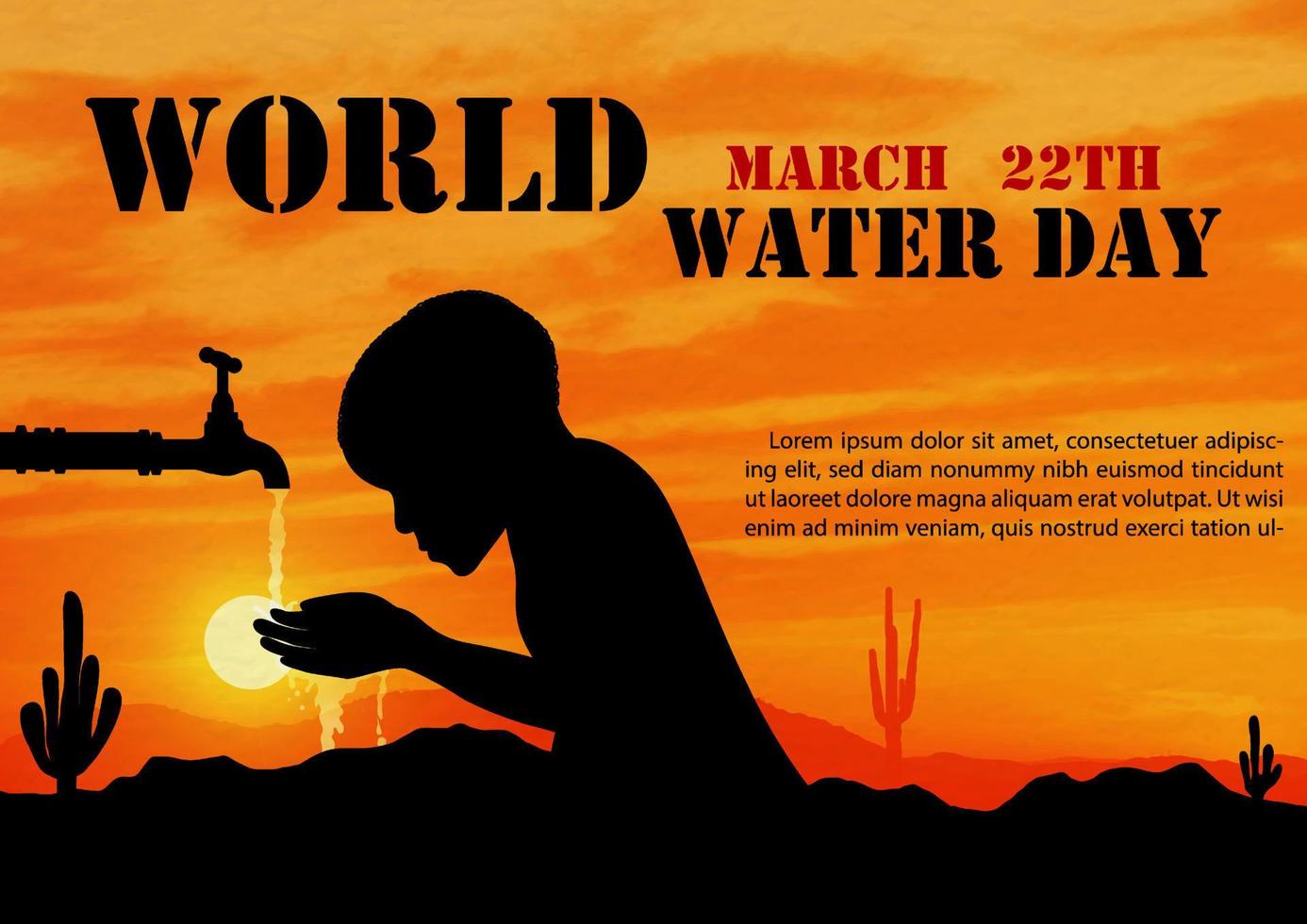 silhouette du robinet d'eau potable pour enfants africains avec le libellé de la journée mondiale de l'eau et des exemples de textes sur fond de vue de paysage désertique au coucher du soleil. vecteur