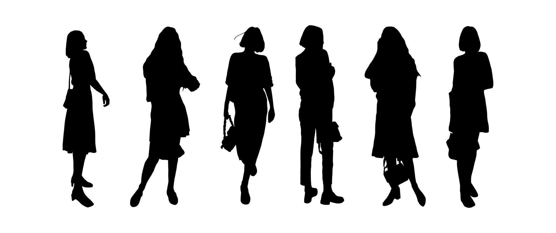 silhouettes d'un groupe de modèles de jeunes filles posant dans des vêtements modernes. pour l'impression et la découpe laser. clipart vectoriel. vecteur