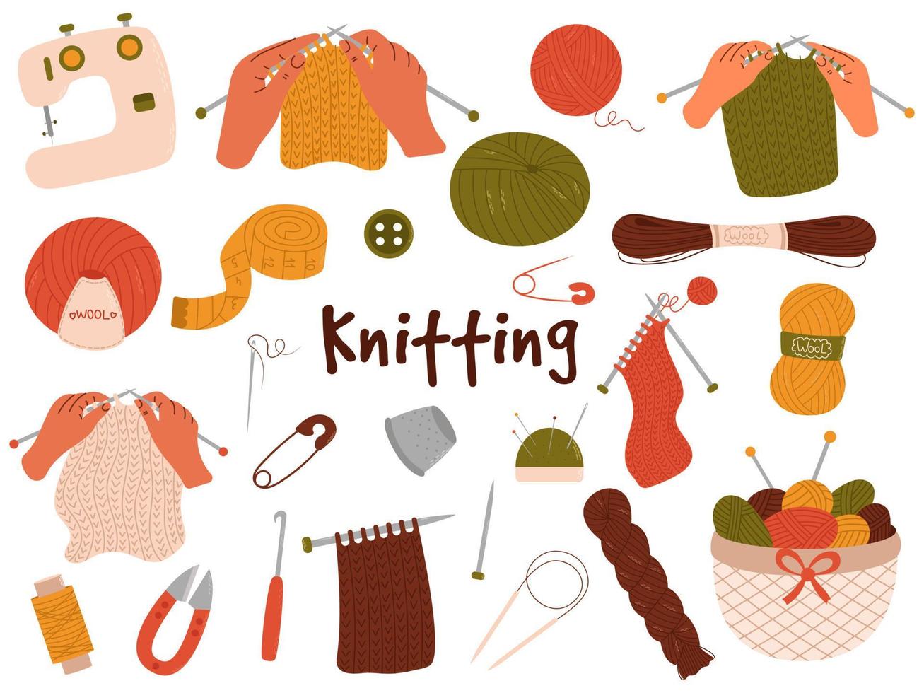 ensemble de vecteurs dessinés à la main d'outils de tricot. fils de laine, crochet, aiguilles à tricoter, barre à aiguille, panier à fil. vecteur