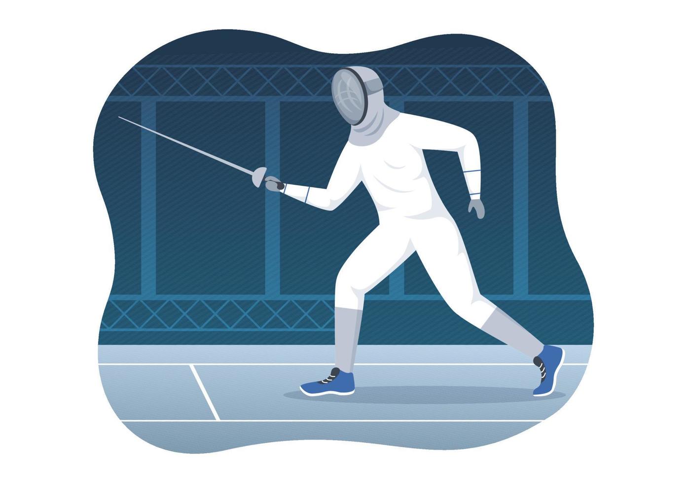 illustration de sport de joueur d'escrime avec escrimeur combattant sur piste et événement de compétition de duel d'épée dans des modèles dessinés à la main de dessin animé plat vecteur