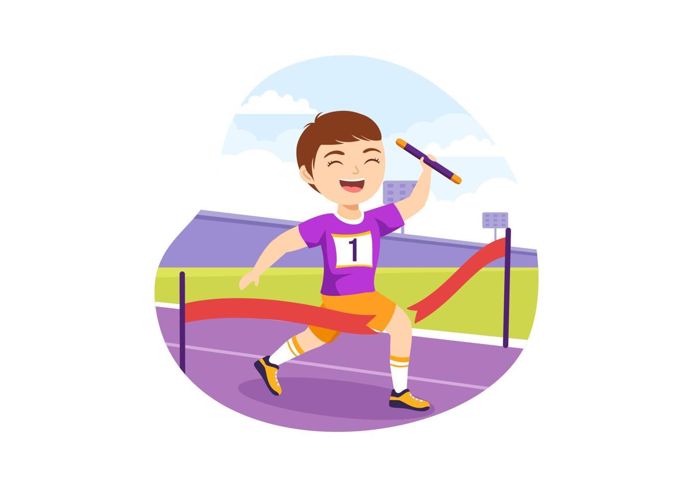 illustration de course de relais enfants en passant le relais à leurs coéquipiers jusqu'à atteindre la ligne d'arrivée dans un modèle de dessin à la main de dessin animé de championnat de sport vecteur