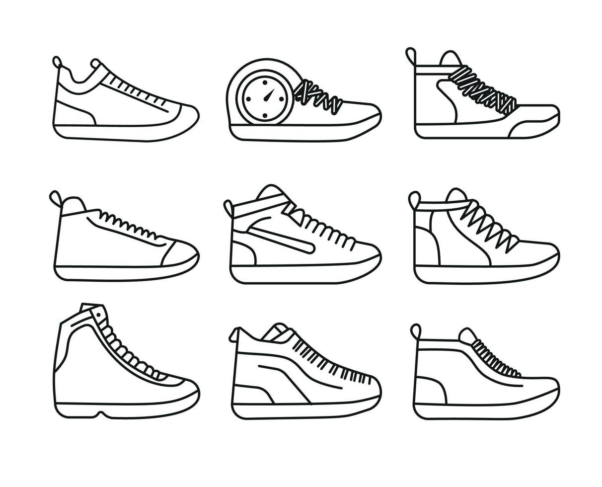 sneaker chaussure minimaliste plat ligne contour accident vasculaire cérébral icône pictogramme symbole ensemble collection vecteur