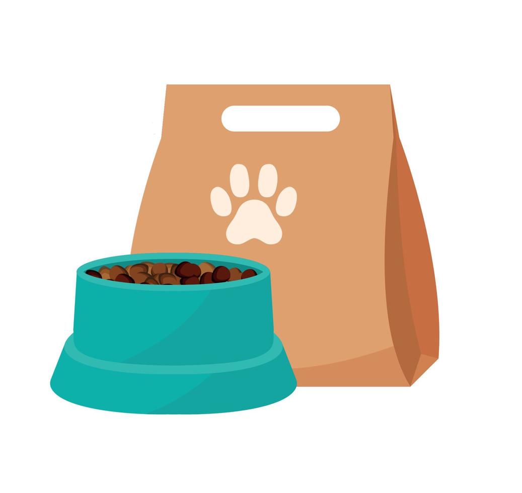 nourriture pour animaux de compagnie de dessin animé. emballages d'aliments pour chats et chiens. concept d'alimentation des animaux domestiques. boîte et boîte. assiette pour le repas. os de chiots. boutique vétérinaire. mangeoire canine. collations pour chiens. illustration vectorielle vecteur