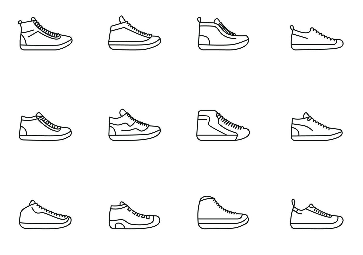 sneaker chaussure minimaliste plat ligne contour accident vasculaire cérébral icône pictogramme symbole ensemble collection vecteur