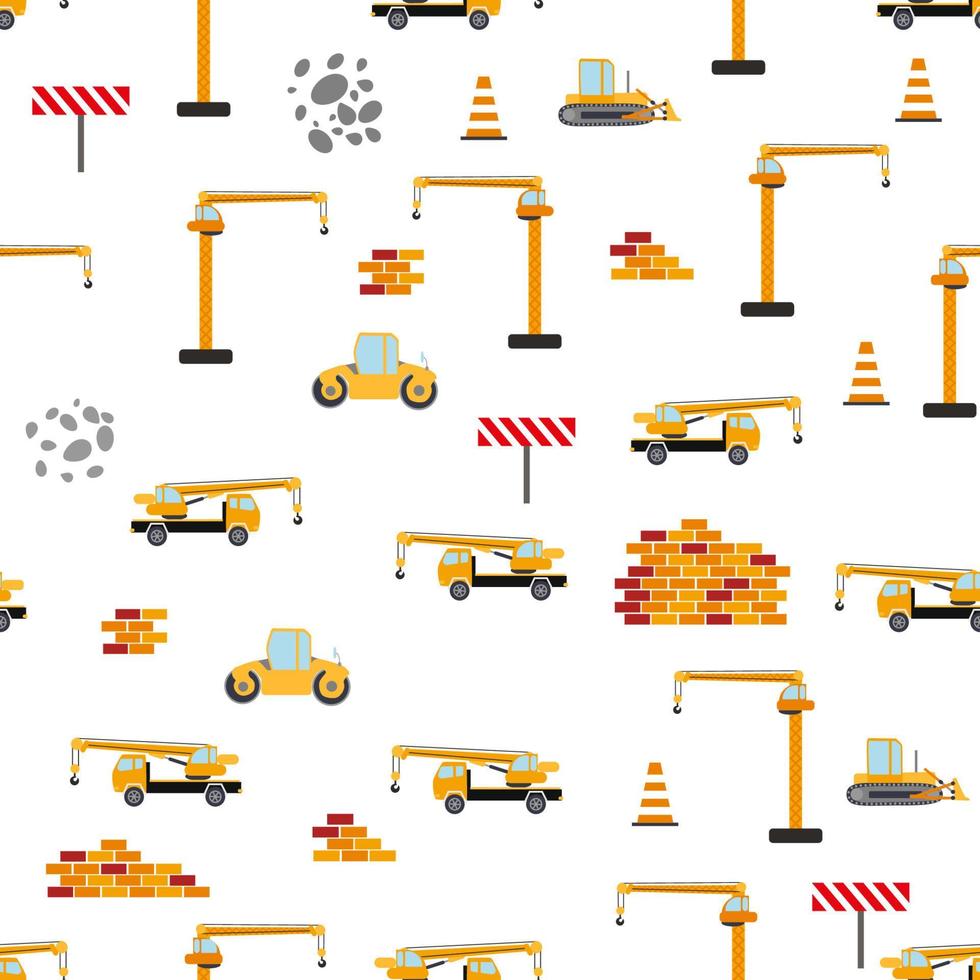 Joli motif harmonieux enfantin avec camion à benne basculante de voiture jaune, grue, bétonnière. illustration de chantier de construction en style cartoon vecteur