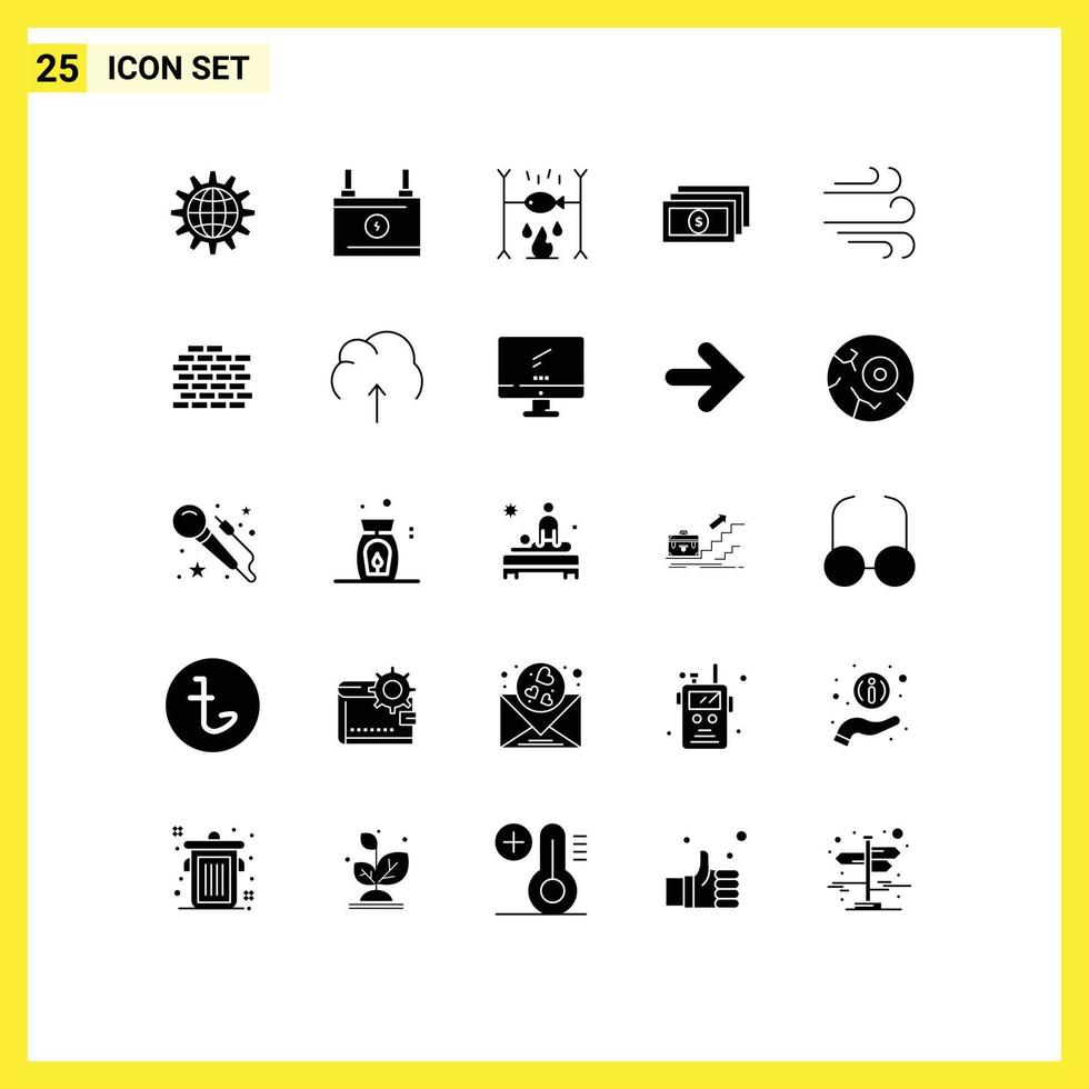 ensemble de 25 glyphes solides vectoriels sur la grille pour les éléments de conception vectoriels modifiables de vacances de batterie de dollars en espèces vecteur