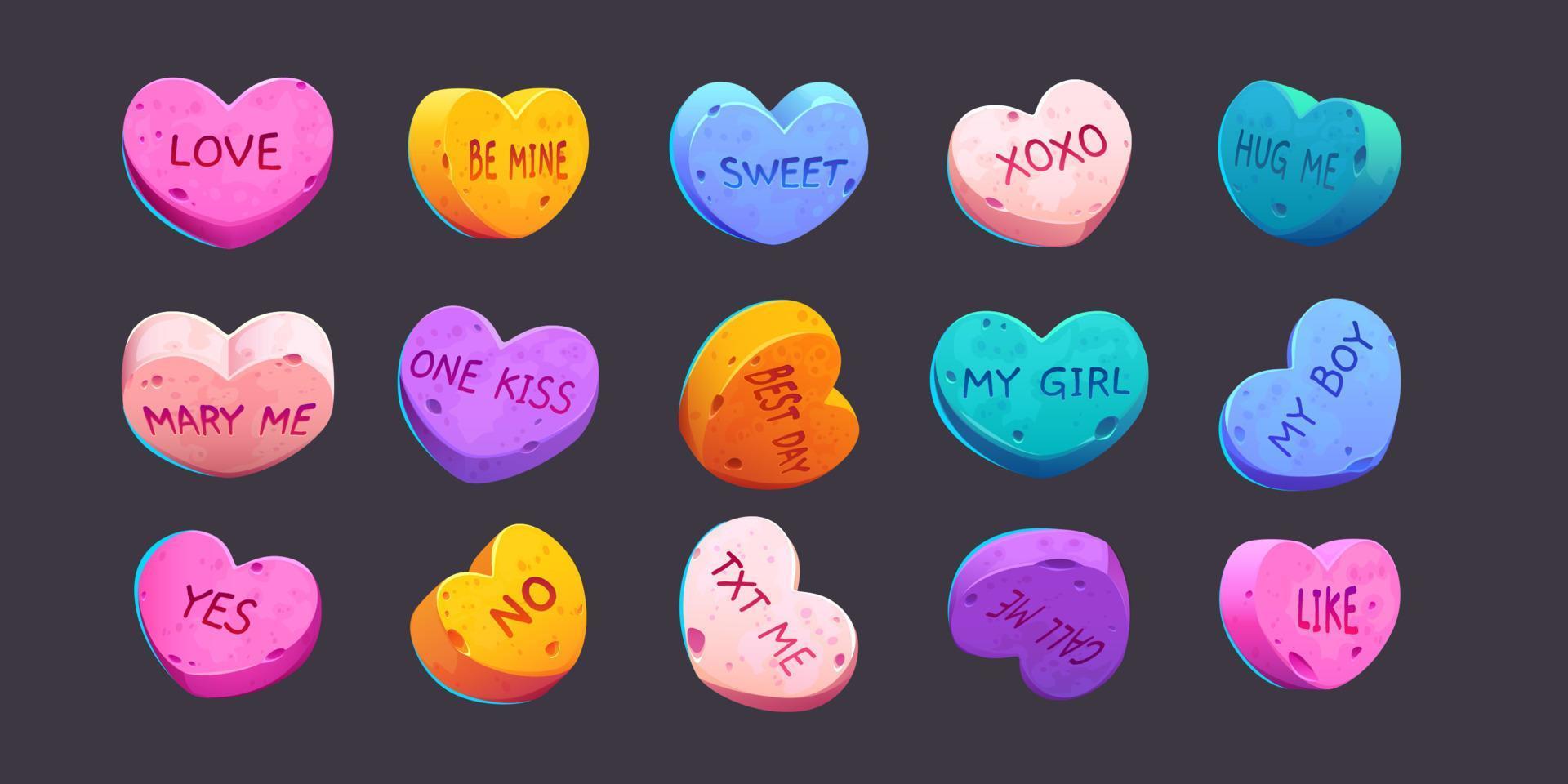 bonbons de conversation pour la saint valentin, coeurs d'amour vecteur