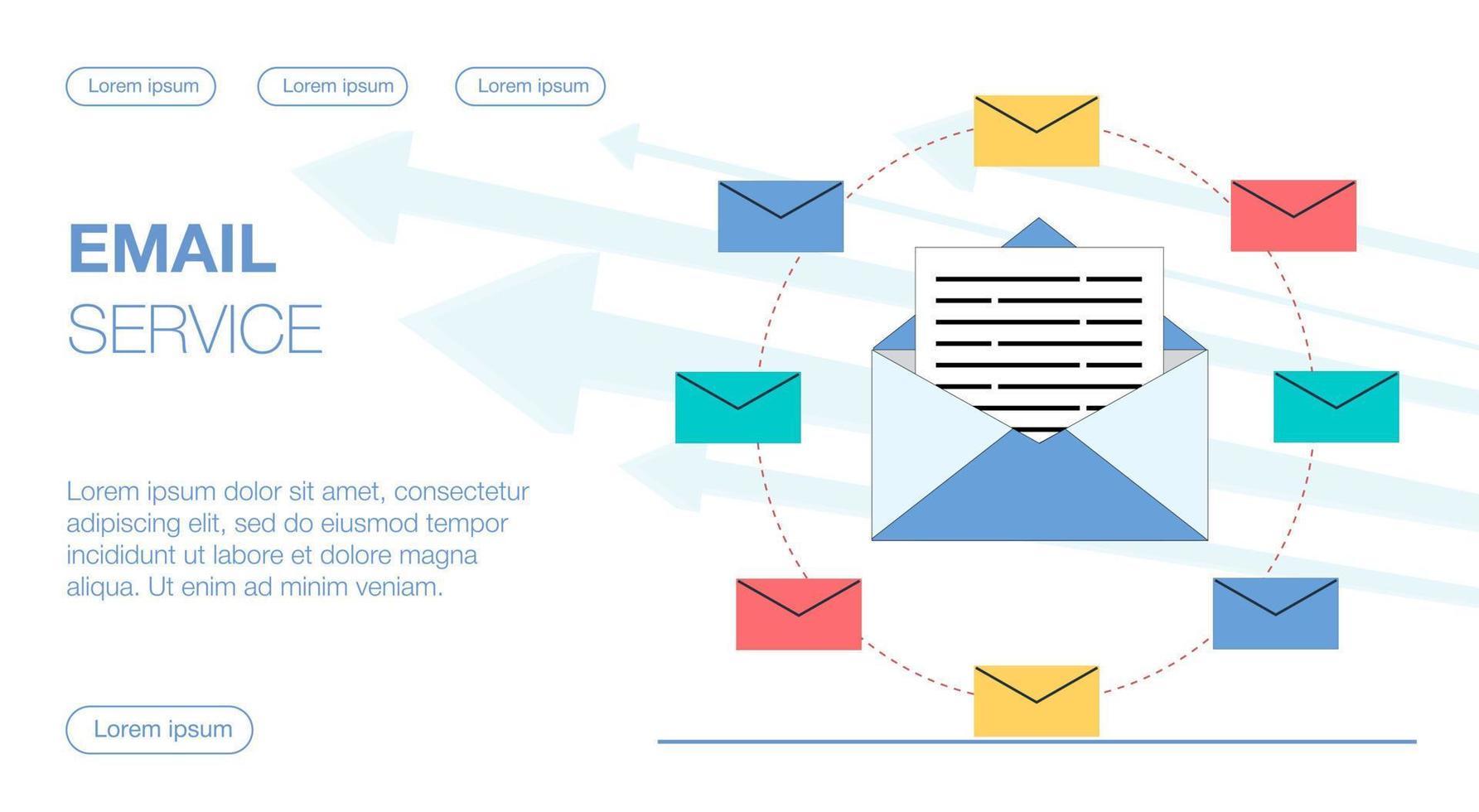 synchronisation des échanges de courrier électronique avec le service de messagerie emailservice au centre d'une lettre ouverte avec une illustration plate de vecteur de fichier de document