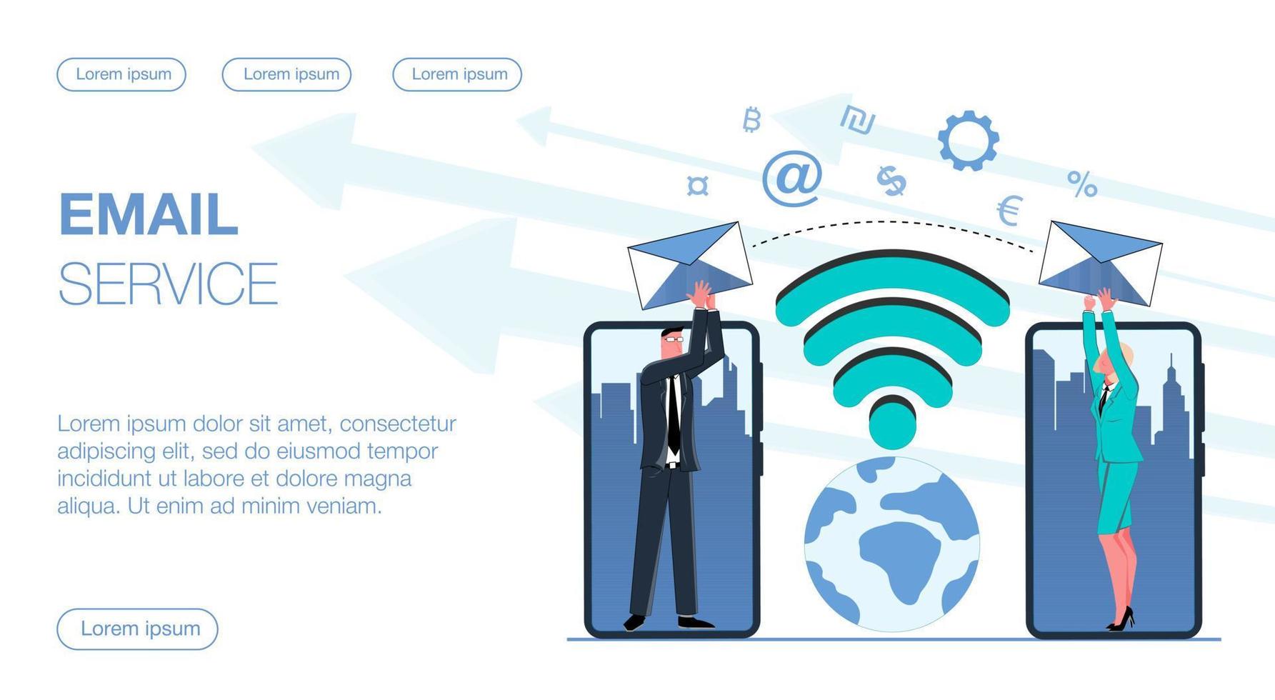 un homme d'affaires prospère et une femme d'affaires au téléphone devant la ville échangeant des e-mails par e-mail sur wifi dans le monde entier illustration vectorielle plate vecteur