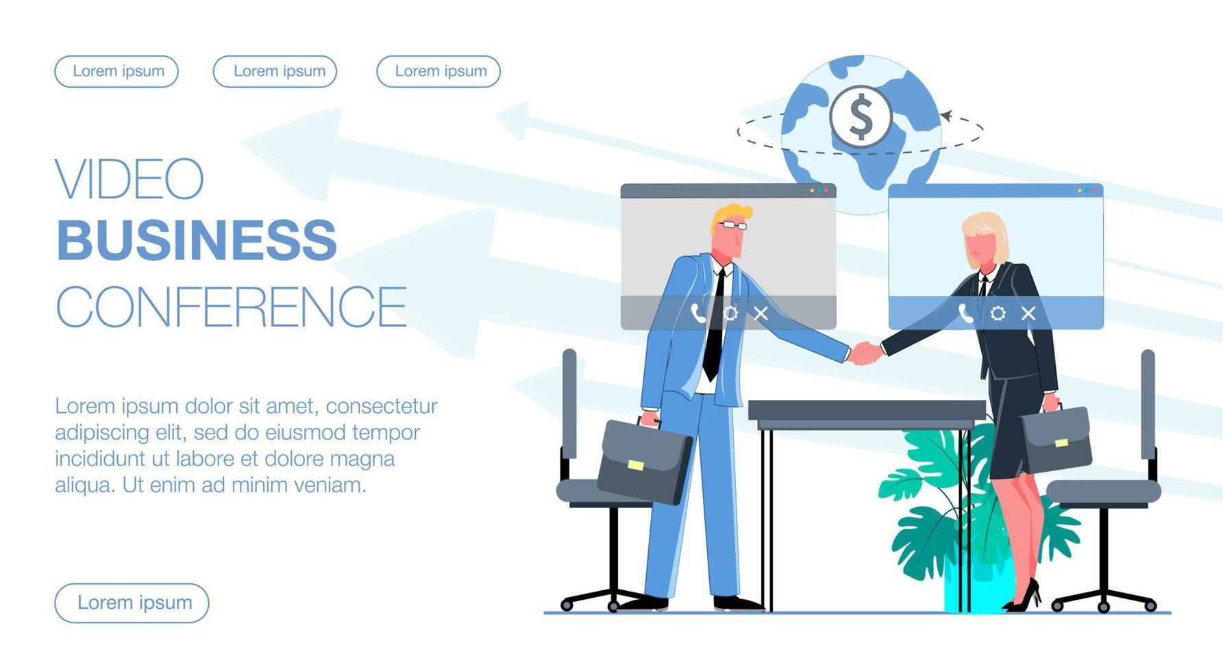 l'équipe d'hommes d'affaires et de femmes d'affaires communiquent par liaison vidéo, la vidéoconférence d'affaires a lieu à distance dans l'illustration vectorielle plane du bureau vecteur