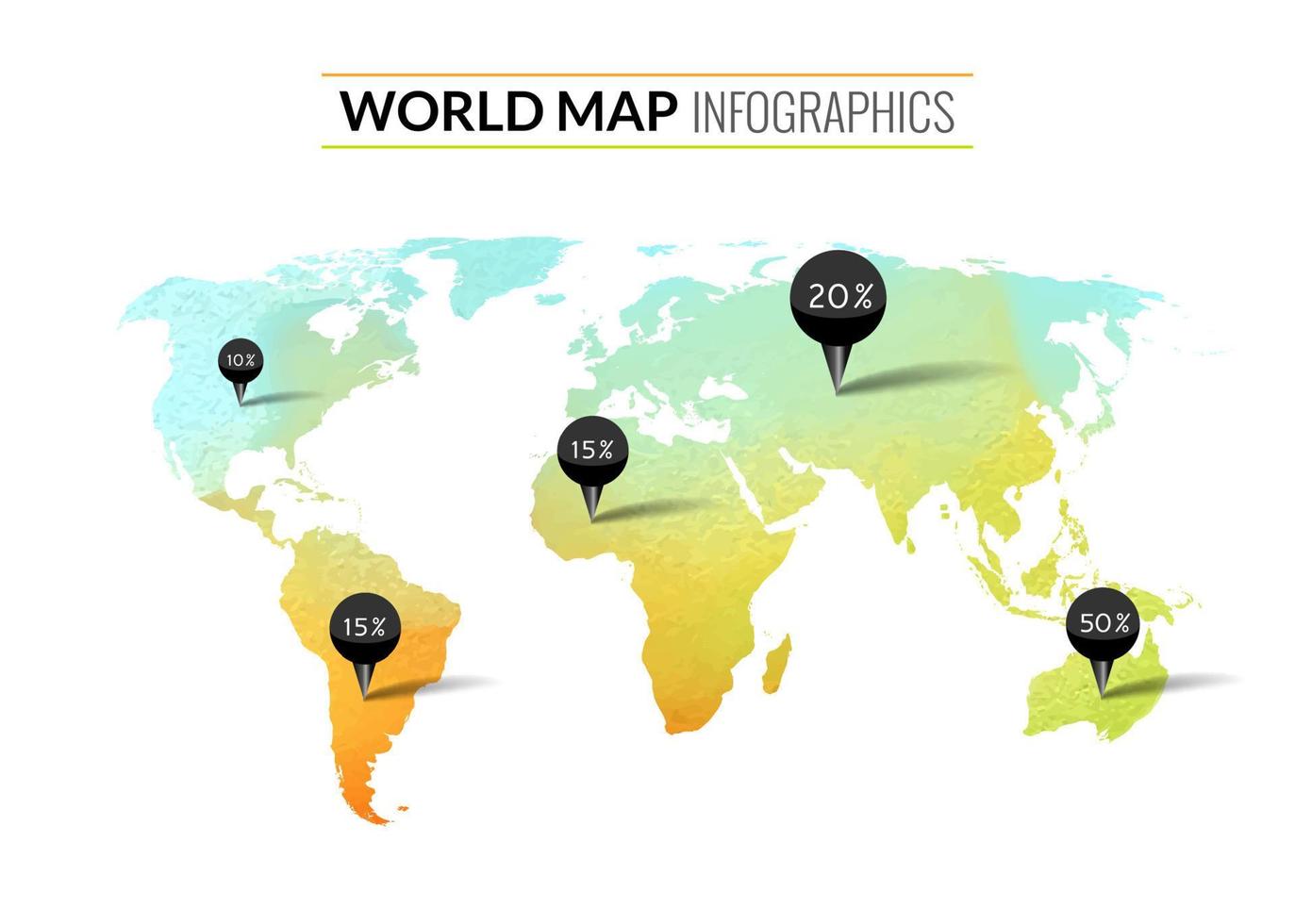 infographie de carte du monde aquarelle vecteur coloré avec des épingles et des pourcentages de balises