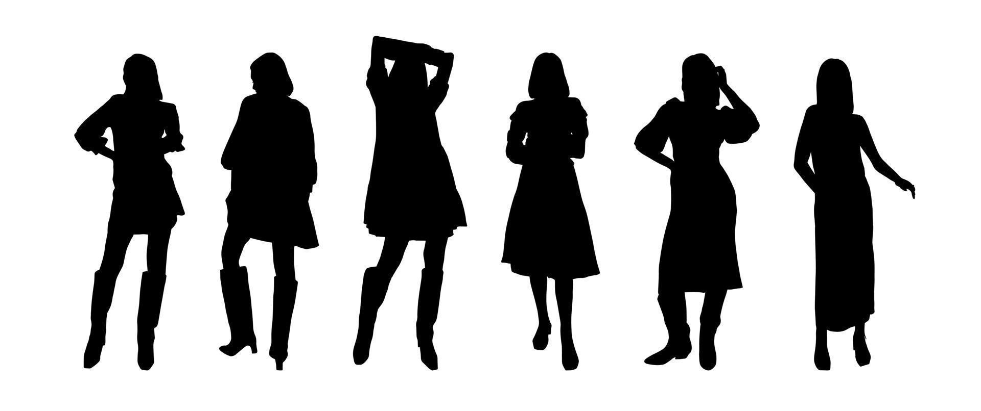 un ensemble de silhouettes noires de filles de modèles en robes pour l'impression sur des t-shirts, des tasses, des sacs, de la décoration et du design. clipart vectoriel. vecteur