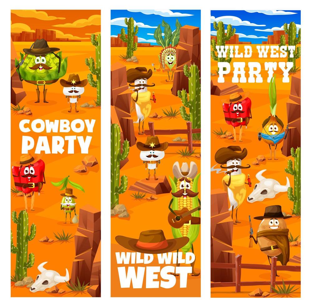 fête de cow-boy du Far West, personnages de légumes mignons vecteur