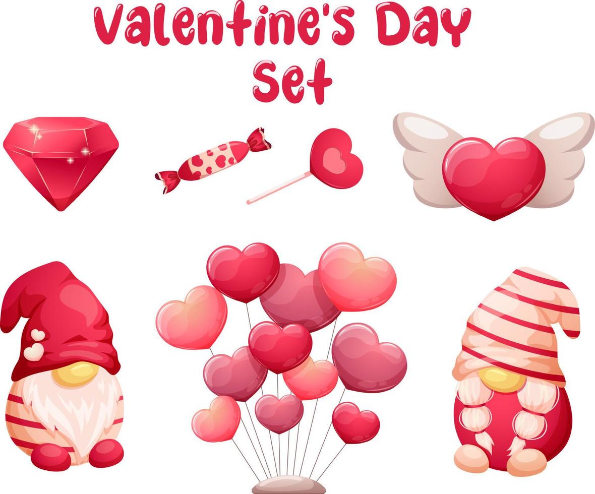 ensemble de la saint-valentin. gnomes scandinaves, bonbons, boules en forme de coeur, rubis vecteur
