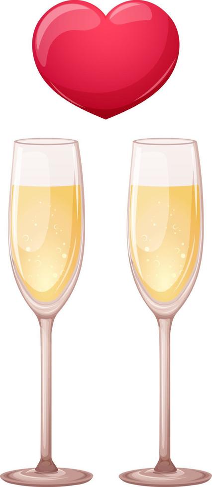 deux verres de champagne avec coeur, boisson d'amour isolée vecteur