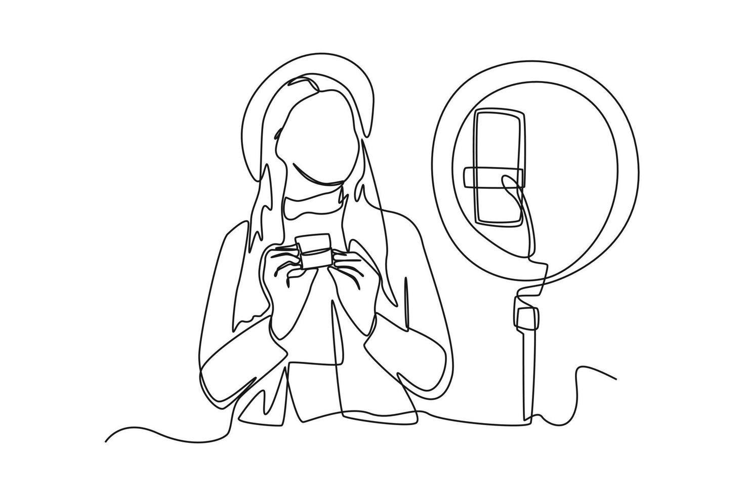 une seule ligne dessinant une belle femme utilise une lampe à led selfie et un smartphone sur un trépied pour faire de la vidéo en ligne. concept de vlogging. illustration vectorielle graphique de conception de dessin en ligne continue. vecteur