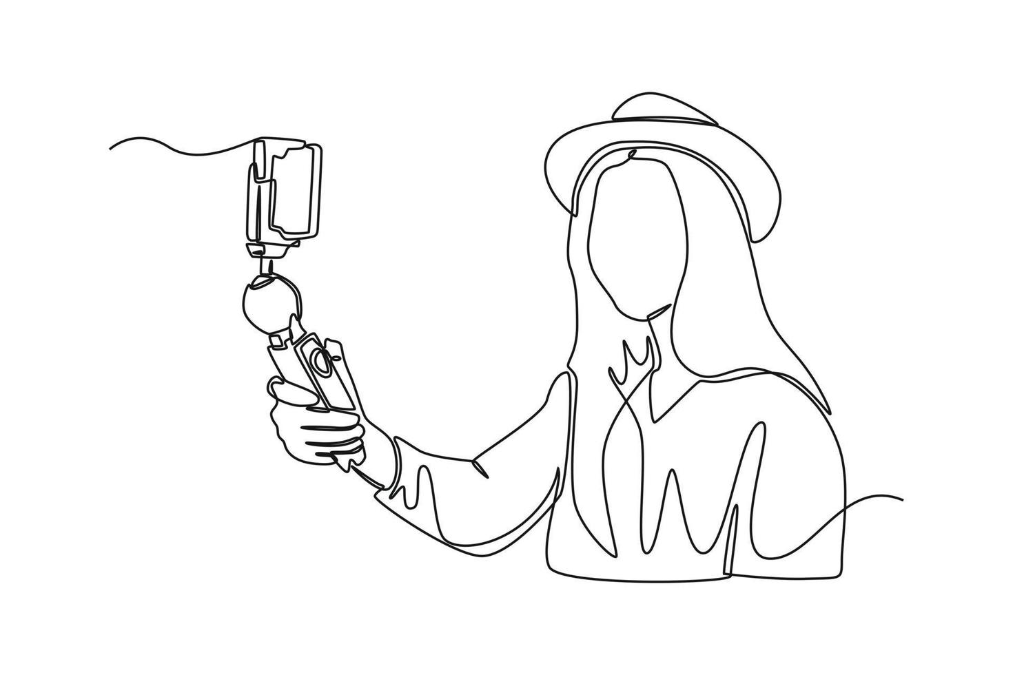 une seule ligne dessinant une jeune femme enregistre une vidéo en direct sur un gadget de smartphone moderne. concept de vlogging. illustration vectorielle graphique de conception de dessin en ligne continue. vecteur