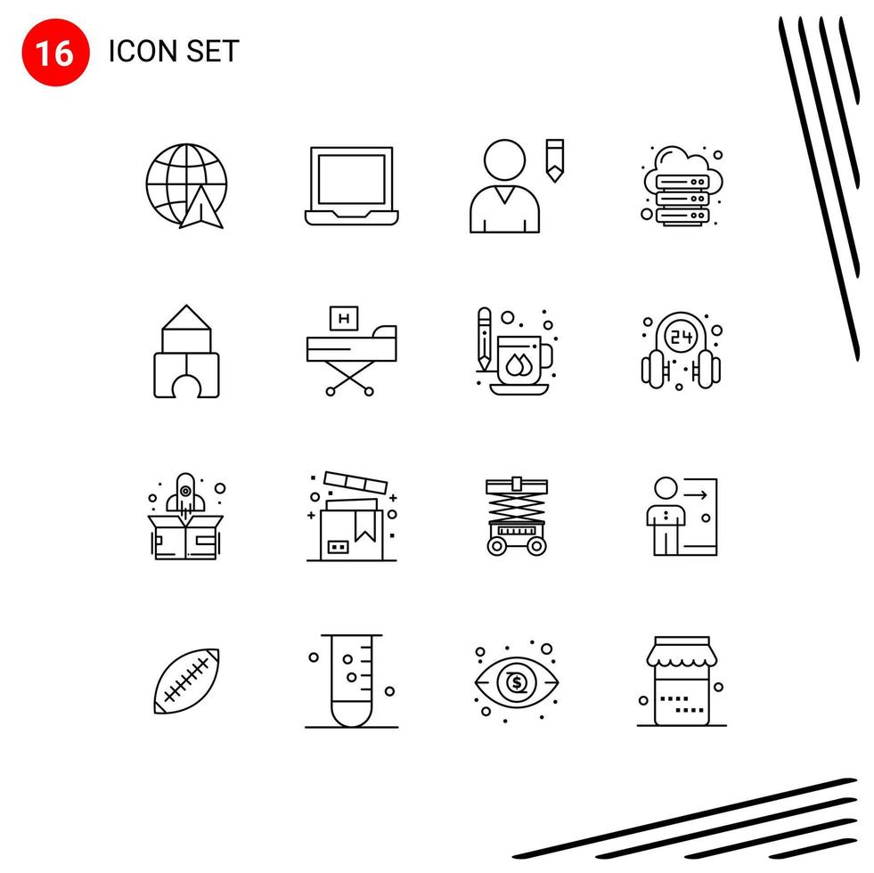 16 ensemble de contours d'interface utilisateur de signes et symboles modernes du serveur d'édition web du constructeur hébergeant des éléments de conception vectoriels modifiables vecteur