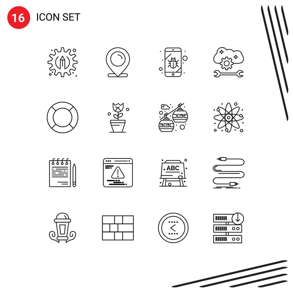 pack de 16 contours modernes signes et symboles pour les supports d'impression Web tels que les paramètres de synchronisation cloud essentiels paramètres de cloud mobile préférences cloud éléments de conception vectoriels modifiables vecteur