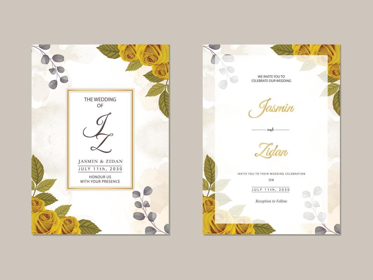 invitation de mariage de luxe floral jaune avec fond aquarelle vecteur