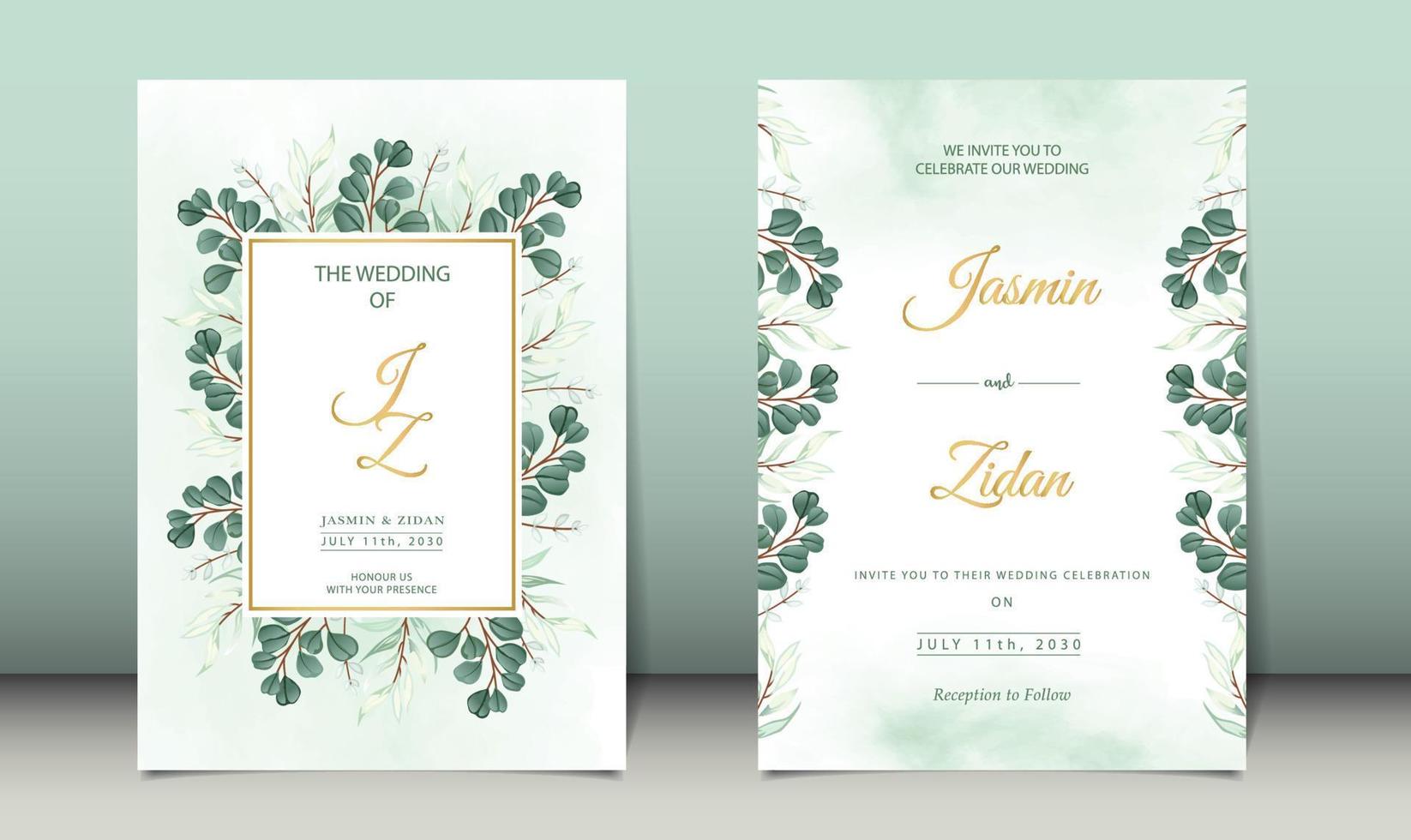 invitation de mariage de luxe feuilles d'eucalyptus avec fond aquarelle vecteur