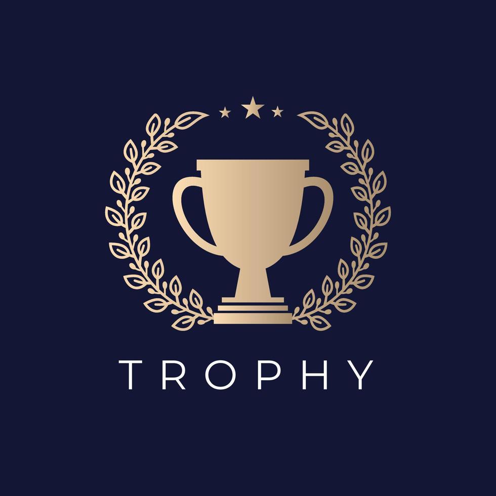 trophée d'or, de bronze avec couronne de laurier tourbillonnante, brindilles et ornement floral pour la conception de sport, vecteur de conception de logo