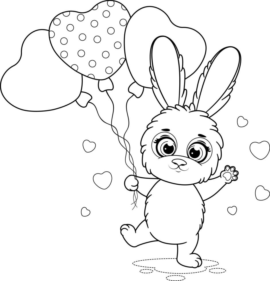 coloriage. dessin animé mignon et lapin romantique avec des ballons vecteur