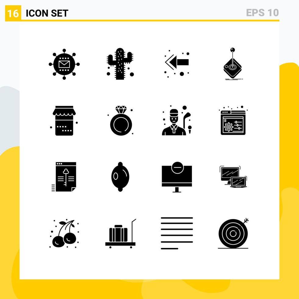 ensemble moderne de 16 glyphes et symboles solides tels que des éléments de conception vectoriels modifiables de jeu de manette de flèche de bâton de nourriture vecteur
