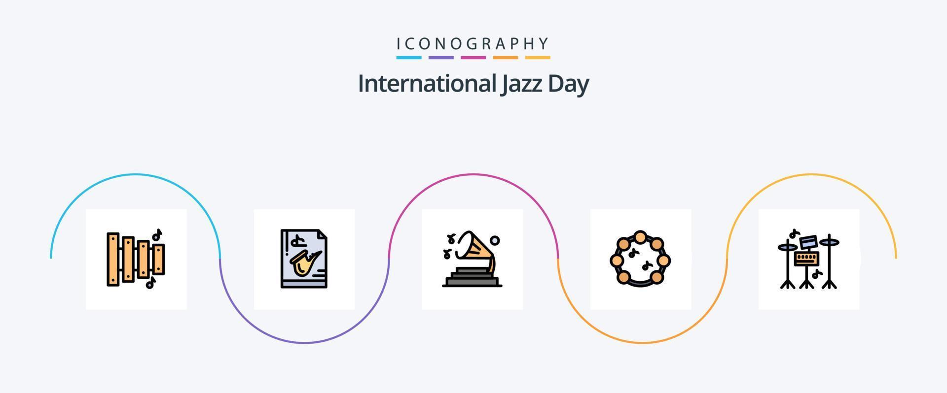 pack d'icônes plat rempli de 5 icônes de la journée internationale du jazz, y compris la musique. tambouriner. musique. virtuose. musique vecteur