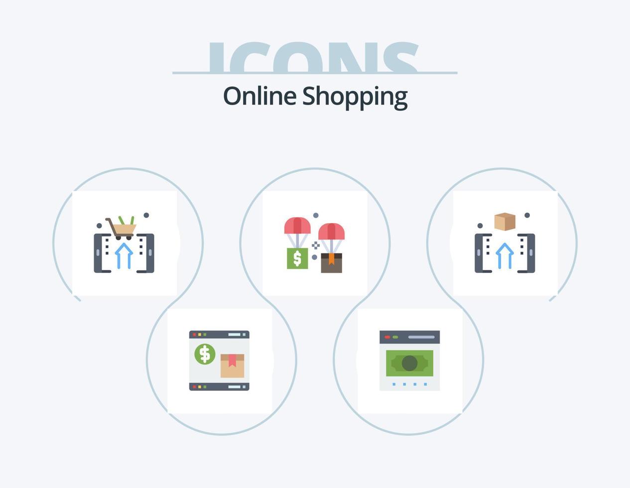 pack d'icônes plat shopping en ligne 5 conception d'icônes. échanger. air. de l'argent. téléphone intelligent. magasin vecteur