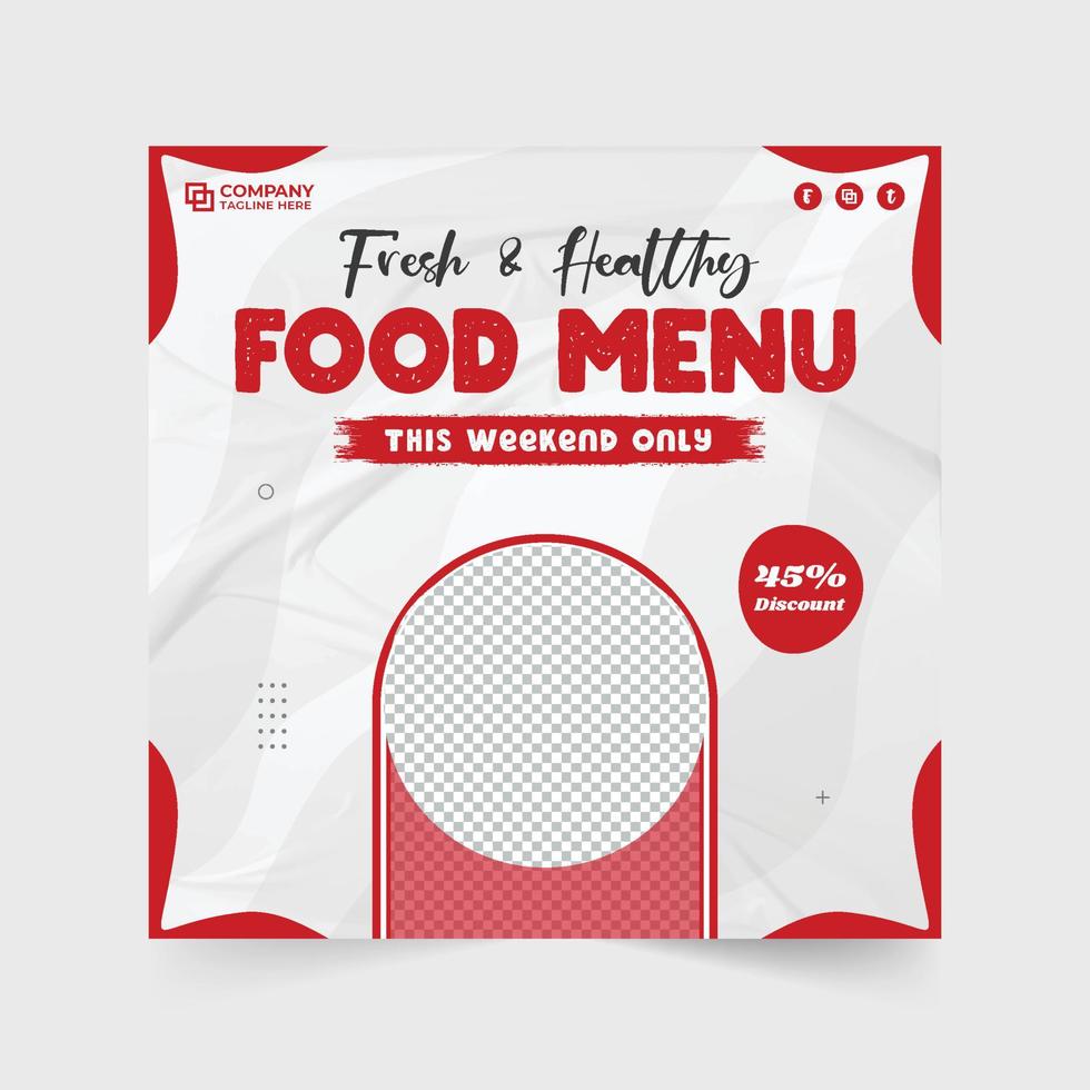 vecteur de publication de médias sociaux de menu alimentaire avec des couleurs rouges et sombres sur fond blanc. conception d'affiche d'offre de réduction de menu alimentaire spécial pour le marketing. conception de modèle de promotion d'entreprise culinaire.