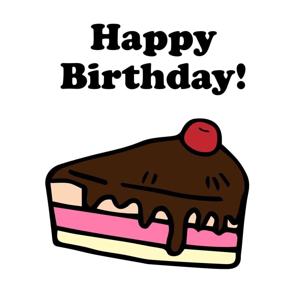 joyeux anniversaire. carte de voeux, affiche, invitation. un morceau de gâteau avec une bougie sur fond rose. image vectorielle plate vecteur