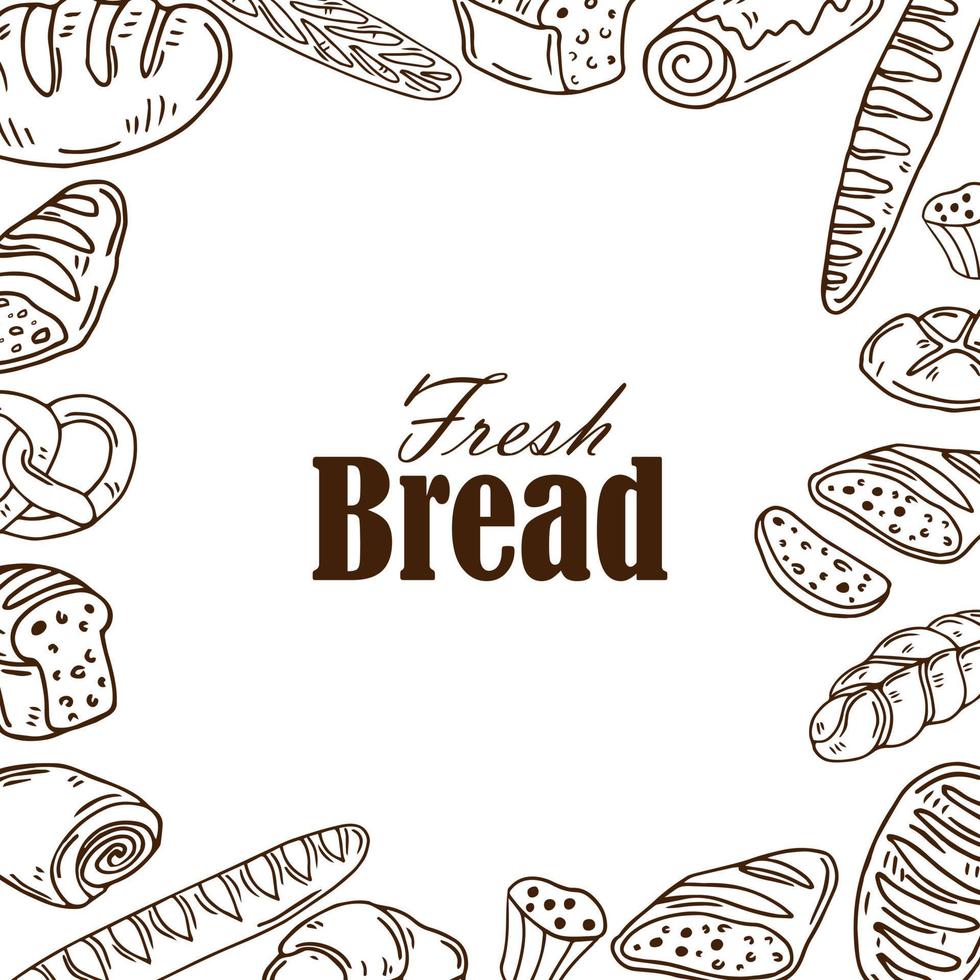 composition de cadre carré à partir de pain dessiné à la main dans un style de croquis. illustration vectorielle pour les boulangeries. pain frais autour de la conception de bannière de texte. vecteur