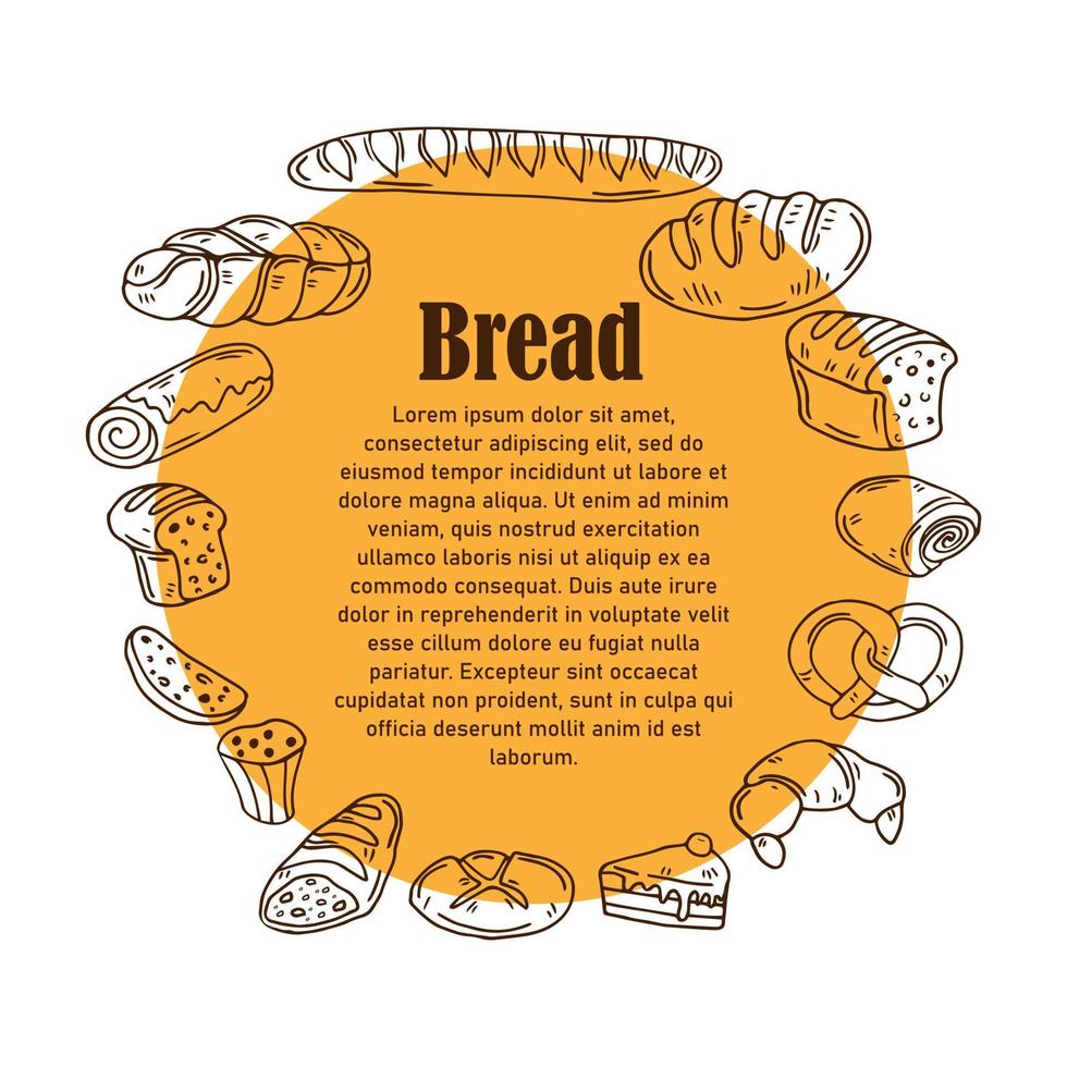 cadre rond vectoriel jaune avec croquis de pain de boulangerie, brioche, pain, bretzel, croissant, beignet.card, badge, bannière, conception d'affiche avec illustration de nourriture dessinée à la main.