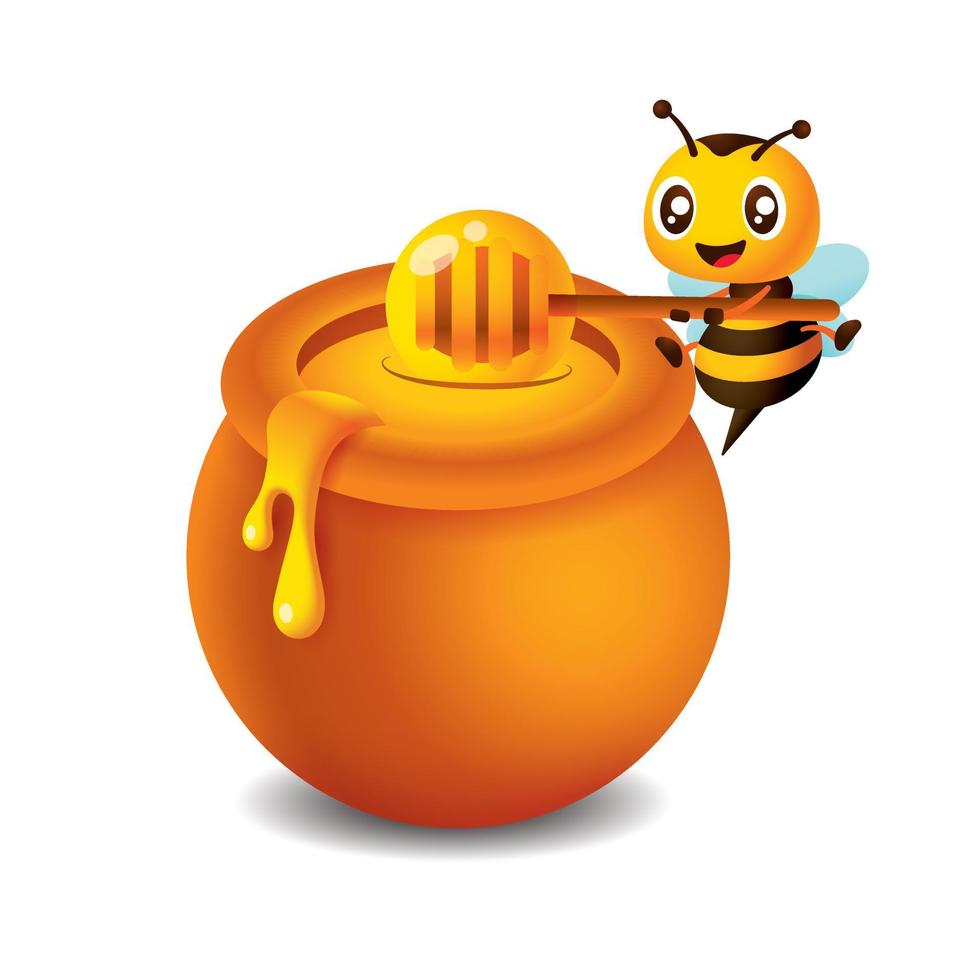dessin animé mignon abeille portant une louche de miel pour prendre le miel du pot de miel. illustration vectorielle de caractère abeille vecteur