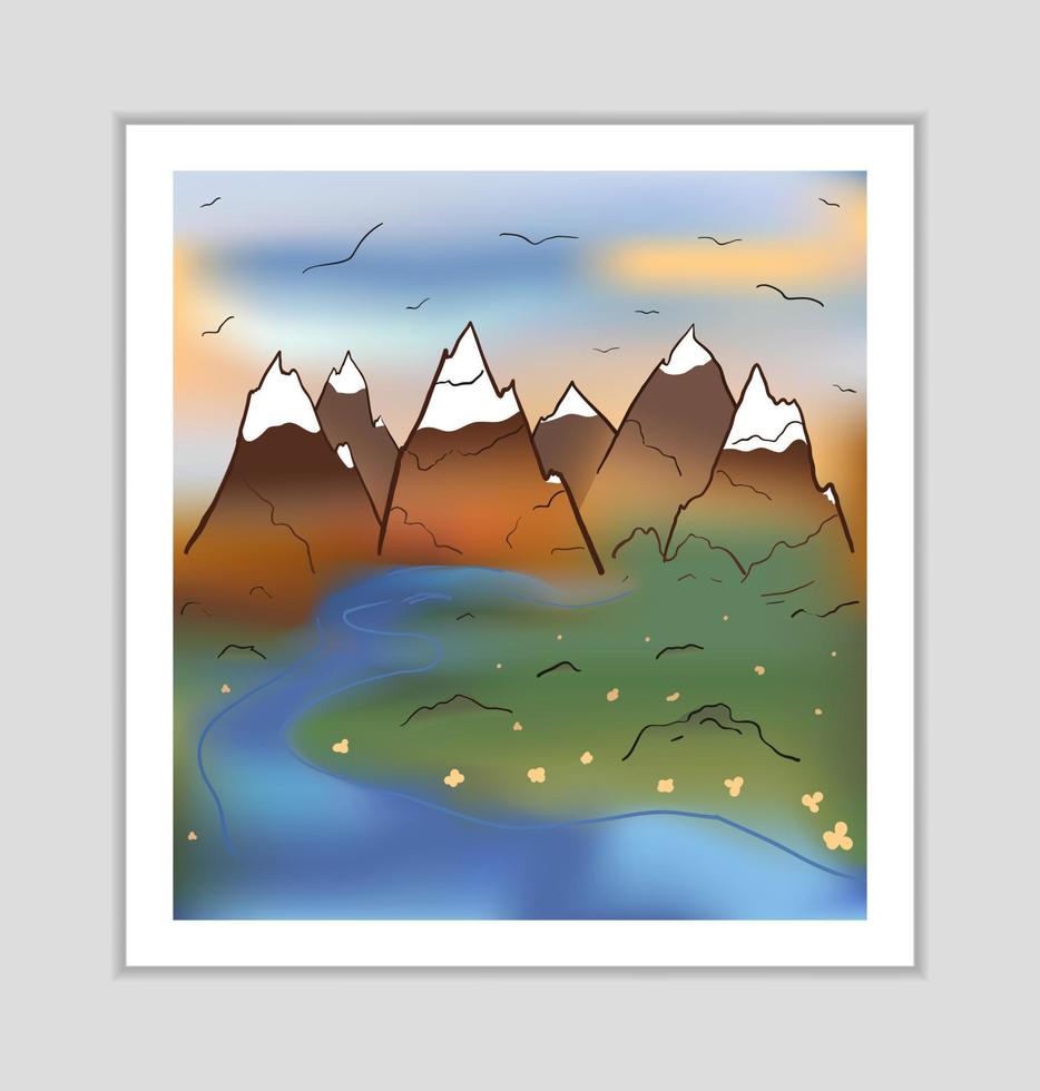 paysage avec montagnes et route. peinture d'art mural pour la décoration intérieure et les impressions. illustration vectorielle. vecteur