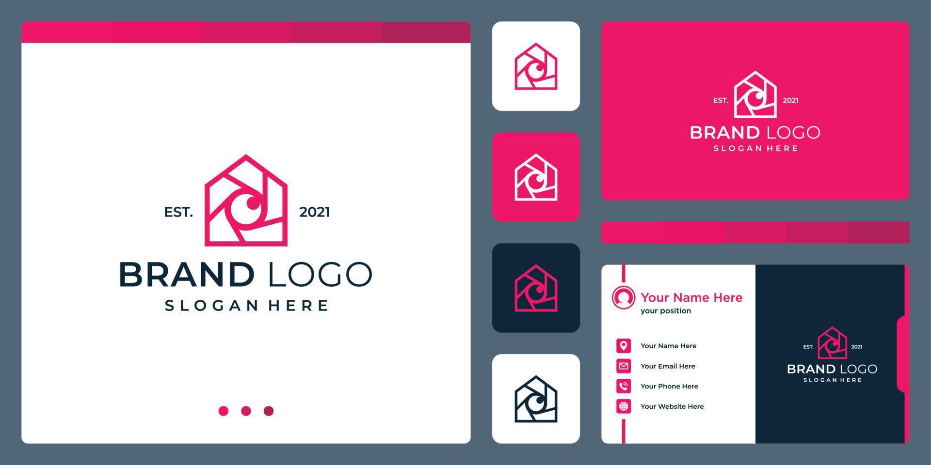 logo qui combine des formes de maison et un appareil photo et un objectif. cartes de visite. vecteur