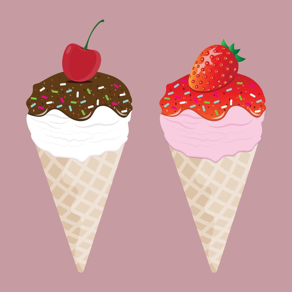 glace à la vanille garnie de chocolat et de cerises et glace à la fraise garnie de fraises vecteur
