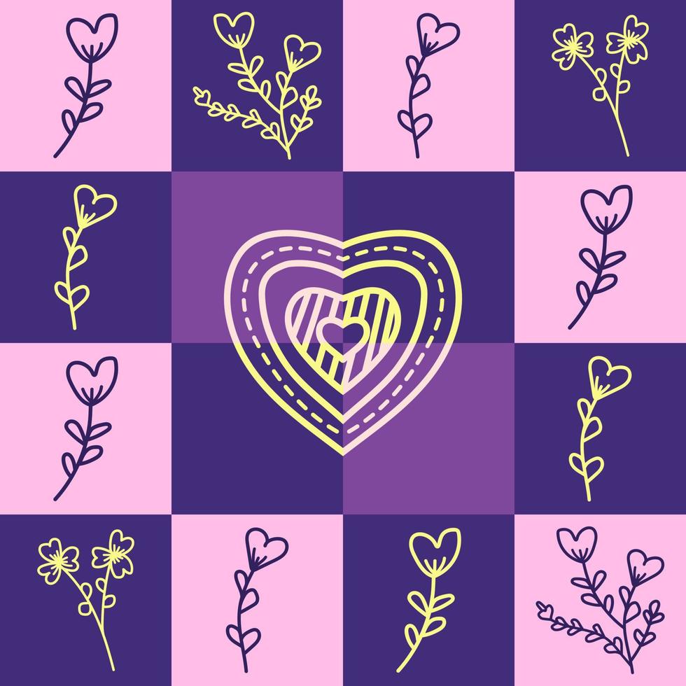 amour mignon et forme de fleur sur la conception de fond carré géométrique violet. illustration vectorielle de modèle sans couture. convient aux cartes de la Saint-Valentin, au papier d'emballage, aux textiles vecteur