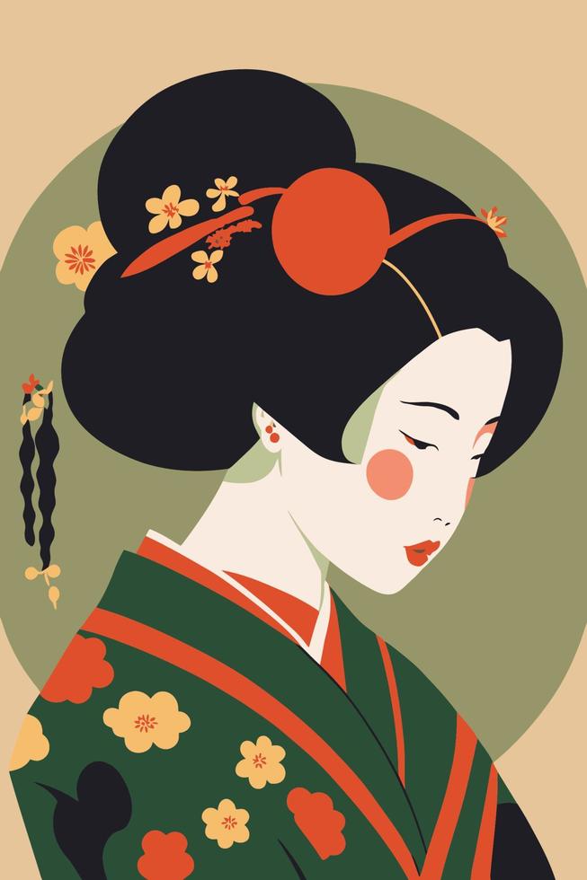 portrait geisha japonaise en kimono, japon femme en ornement floral traditionnel vecteur