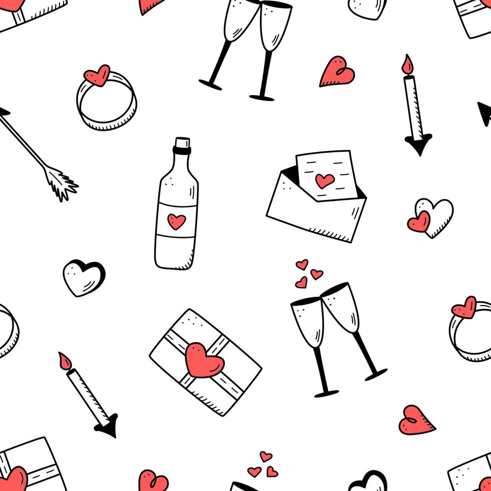 concept d'icônes de modèle sans couture de la saint-valentin. vecteur doodle accessoires romantiques bougies coeurs anneau bouteille et verres de vin, lèvres cadeau chocolat fraise