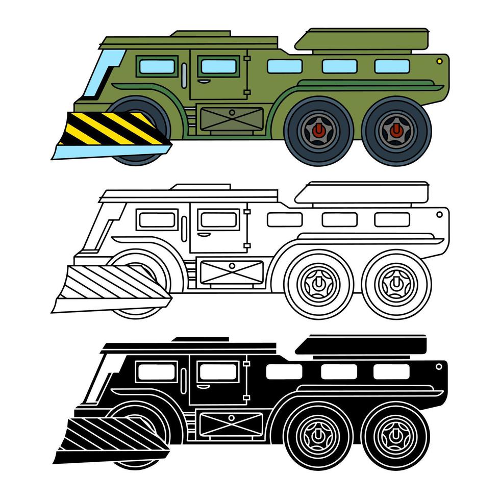 véhicule de combat d'infanterie, véhicule tout-terrain, icônes linéaires, de couleur et de silhouette. vecteur