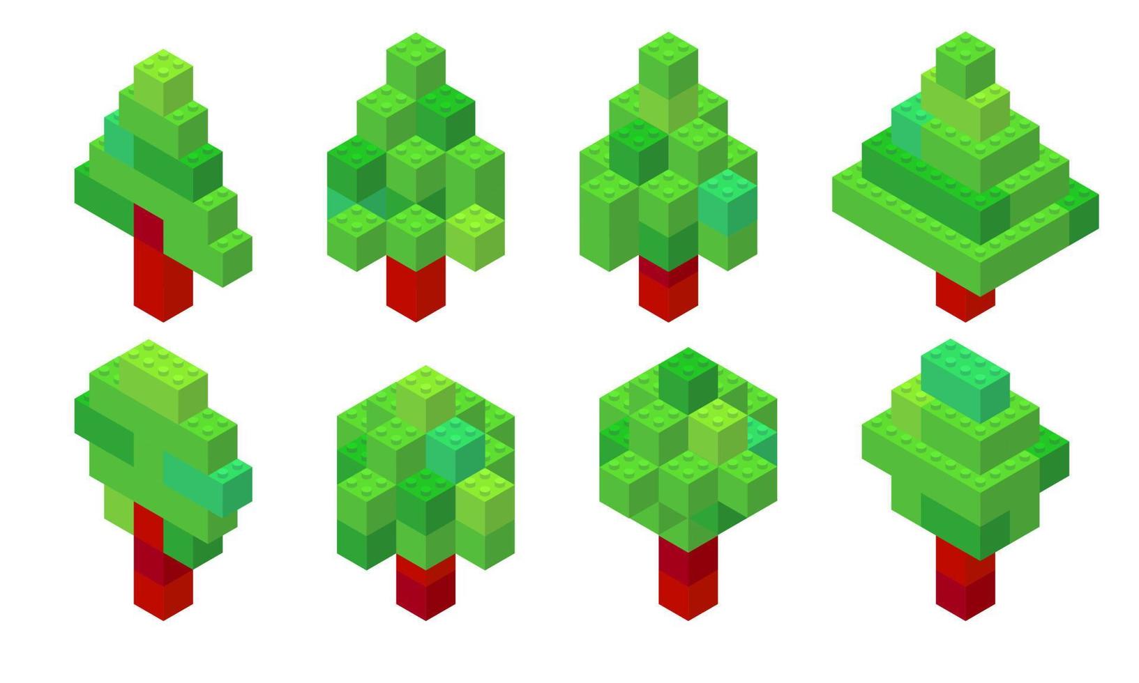 ensemble d'arbres en vue isométrique collectés à partir de briques en plastique. résineux et feuillus. Sapin de Noël. illustration vectorielle vecteur