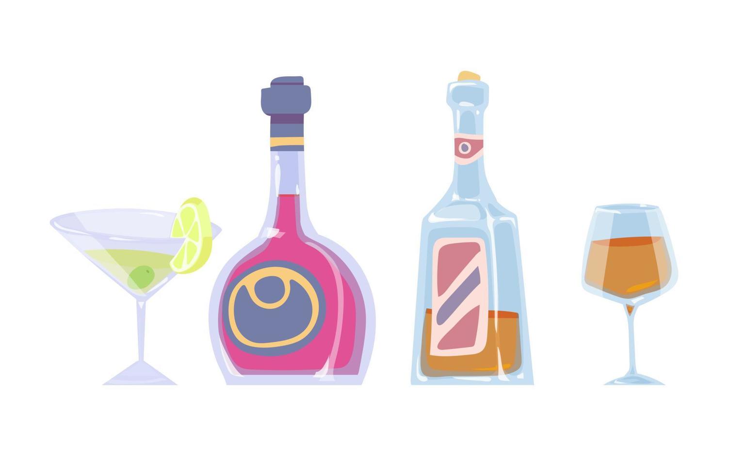 dessin animé en couleur de bouteilles et de verres avec des boissons alcoolisées sur fond blanc. illustration vectorielle. vecteur