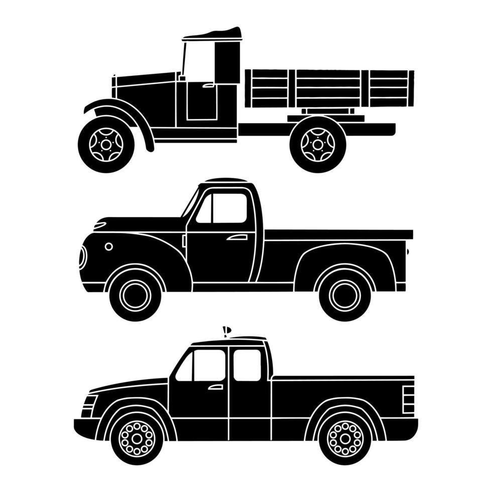 un ensemble de camions vintage personnalisés. vue latérale des silhouettes noires. illustration vectorielle vecteur
